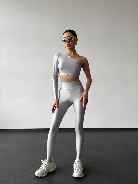 Спортивний топ (рашгард) Bright на одне плече з тканини з мокрим ефектом  (з блиском) - 1616 сірий 1616-сірий-s фото
